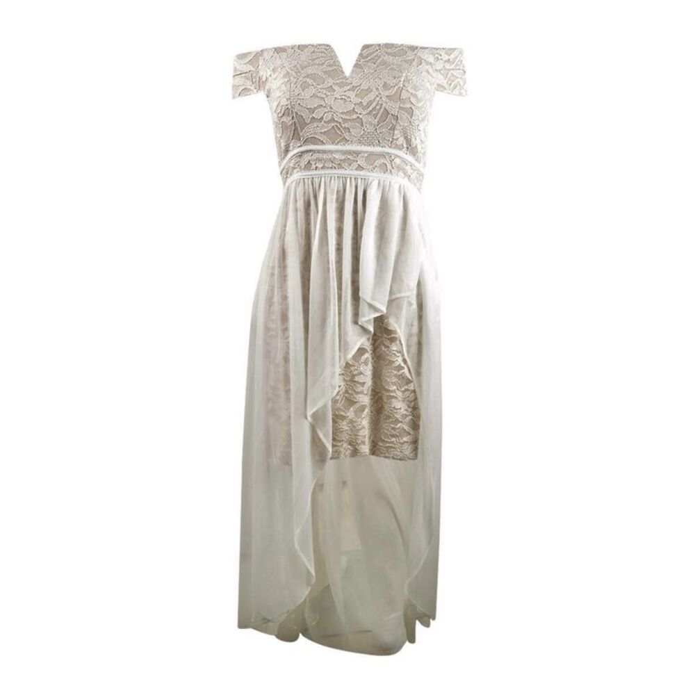 Morgan & Company Juniors' Off-The-Shoulder Asymmetrical Gown (3, Ivory/Nude)